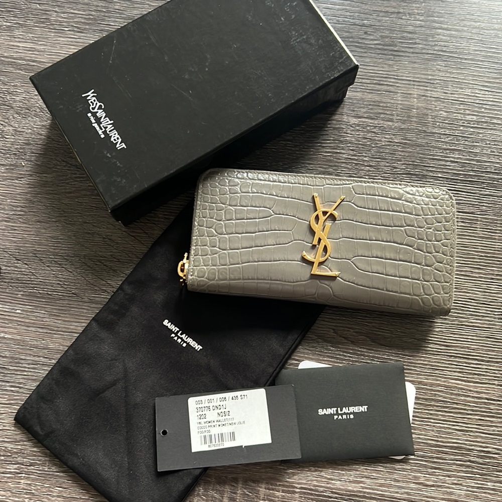 Saint Laurent Monogram Zip Croc Embossed Leather